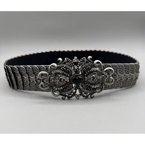 Vintage Metal Chain Mail Elastic Belt Rhinestones Flower Buckle 29"x 2" Belt EUC